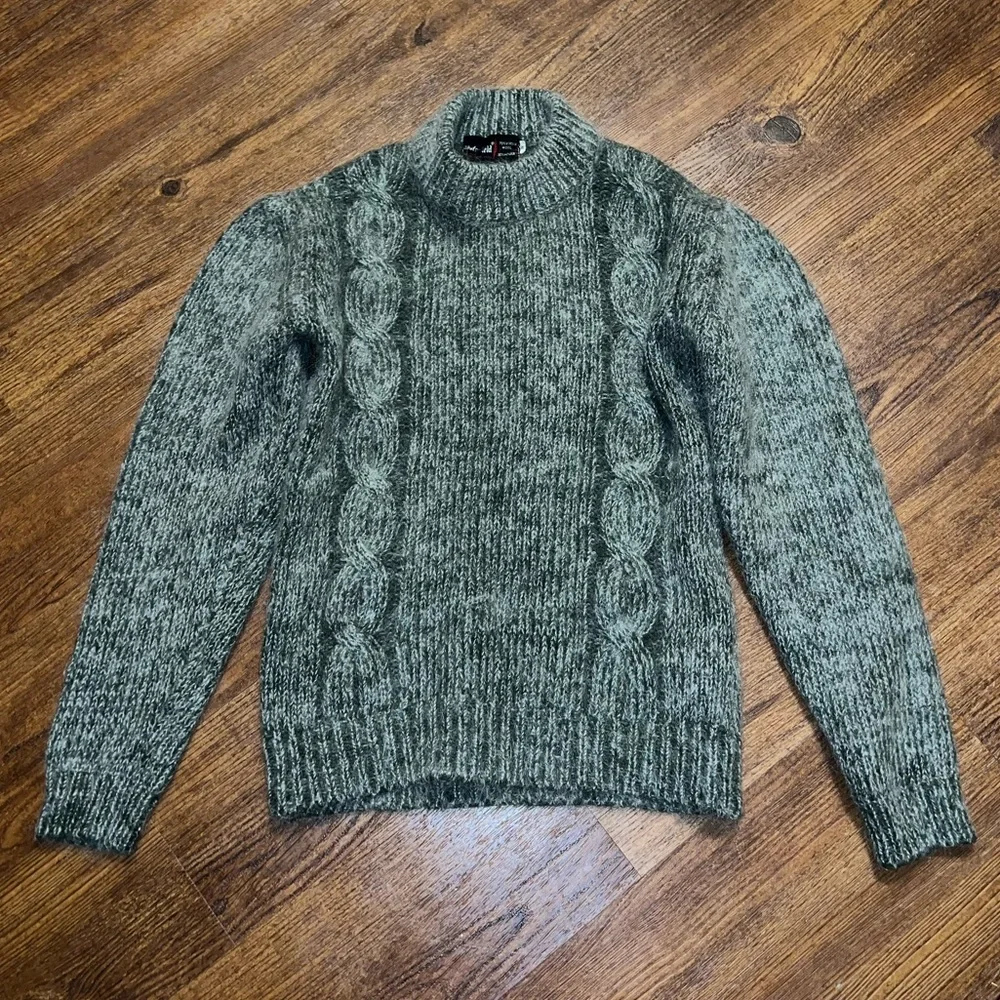 Green Chunky Knit Mohair Gray Mock Neck Long Sleeve Wool Sweater Size S - Picture 1 of 9